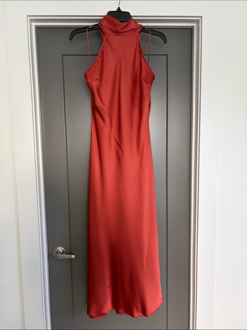 Pretty Lavish Satin Midi High-Neck Rust Orange Dress - size 10
